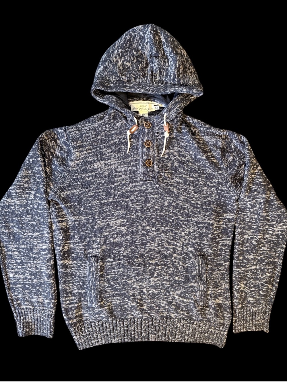 H&M L.O.G.G. Mens M Blue Marled Knit Henley Hoodie Sweater Kangaroo Pocket